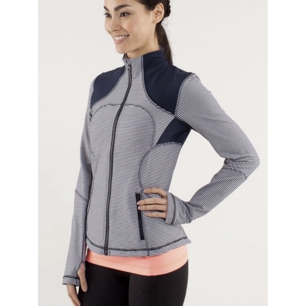 Lululemon Define Zip Jacket Inkwell Navy Blue Gingham Plaid Thumb Holes size 10